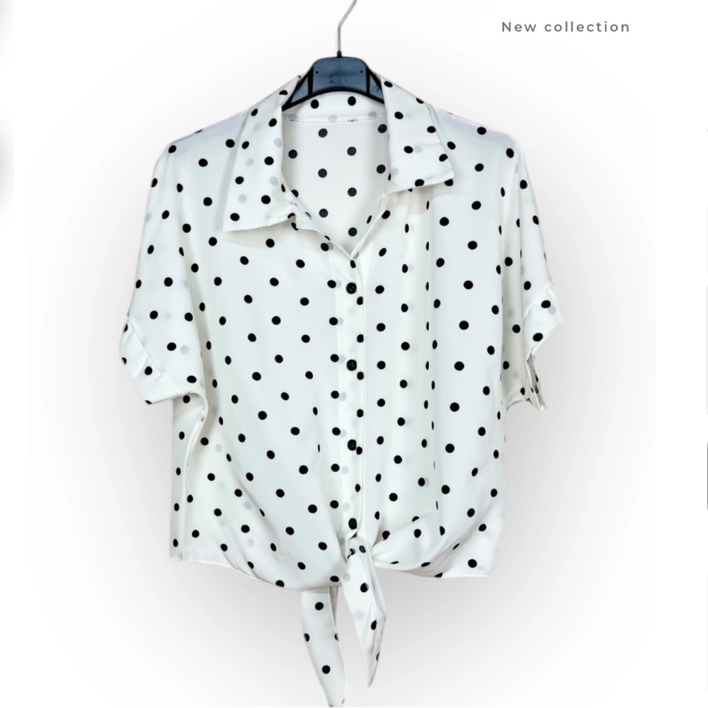 Pre-loved White and Black Polka Dot Tie-Front Blouse